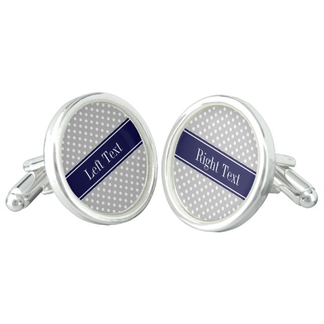 Gray White Polka Dots Navy Blue Name Monogram Cufflinks (Angled)