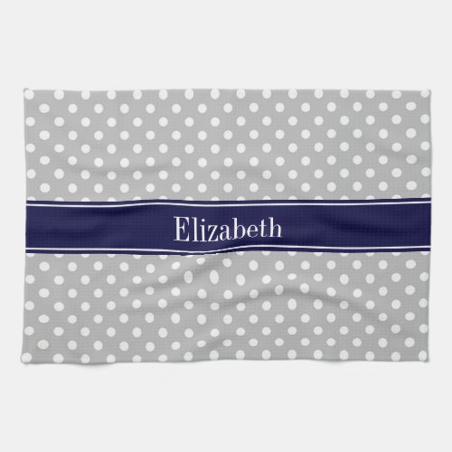 Gray White Polka Dots Navy Blue Name Monogram Kitchen Towel