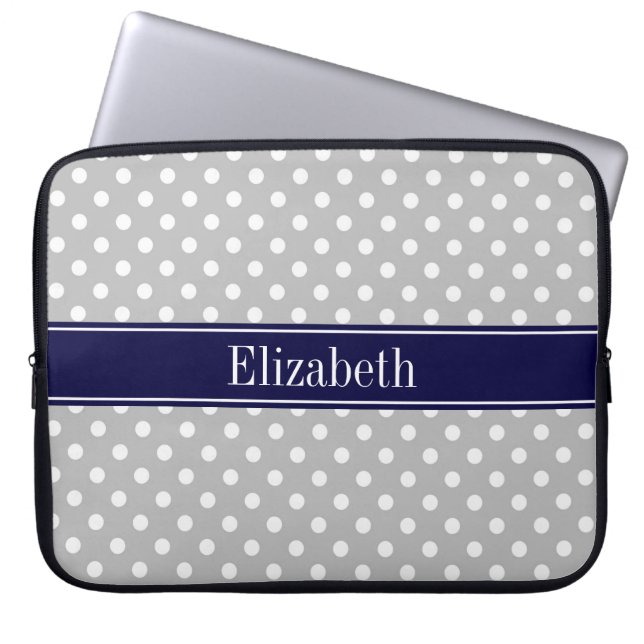 Gray White Polka Dots Navy Blue Name Monogram Laptop Sleeve (Front)