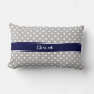 Gray White Polka Dots Navy Blue Name Monogram Lumbar Pillow