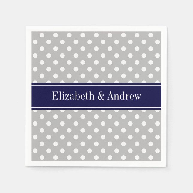 Gray White Polka Dots Navy Blue Name Monogram Napkins (Front)