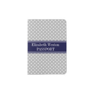 Gray White Polka Dots Navy Blue Name Monogram Passport Holder