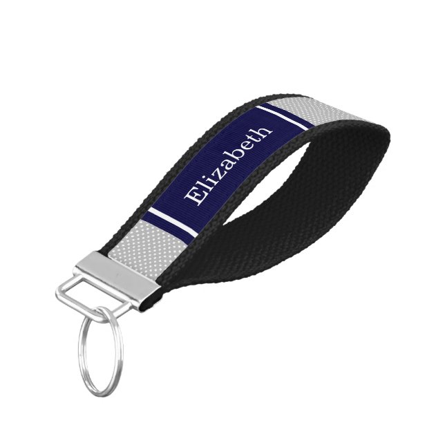 Gray White Polka Dots Navy Blue Name Monogram Wrist Keychain (Angled Down)