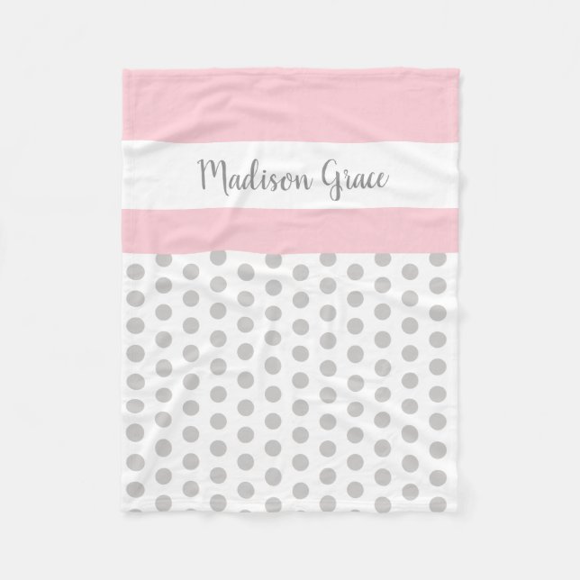 gray/white polka dots w pink/white; personalized fleece blanket (Front)