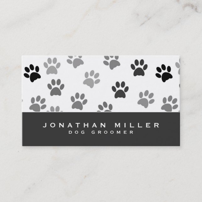 Gray & White Puppy Dog Paw Prints | Dog Groomer Business Card (Front)