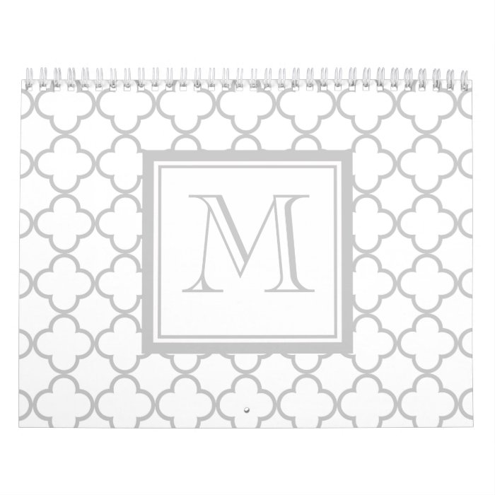 Gray White Quatrefoil  Your Monogram Wall Calendars