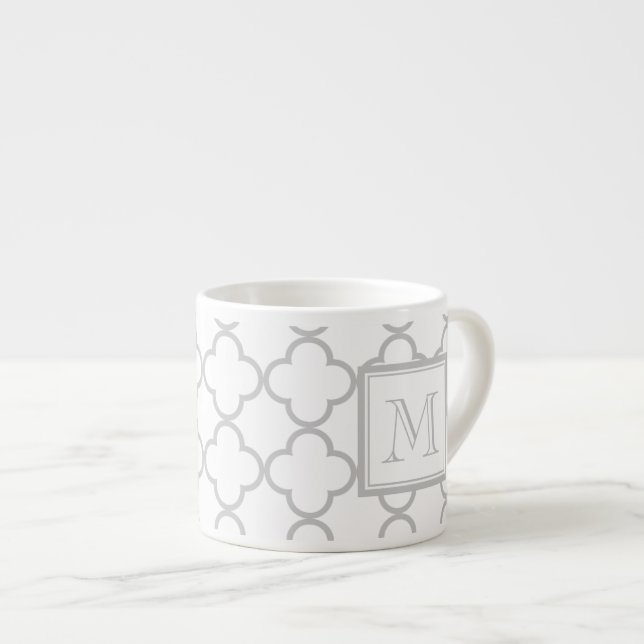 Gray White Quatrefoil | Your Monogram Espresso Cup (Front Right)