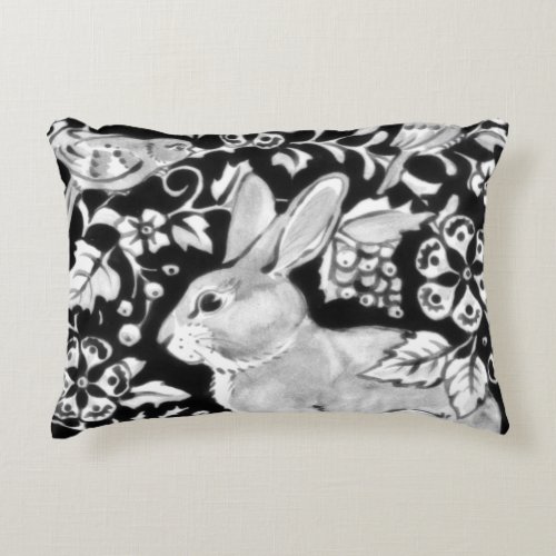 Gray  White Rabbit Bird Floral Dedham Neutral Accent Pillow