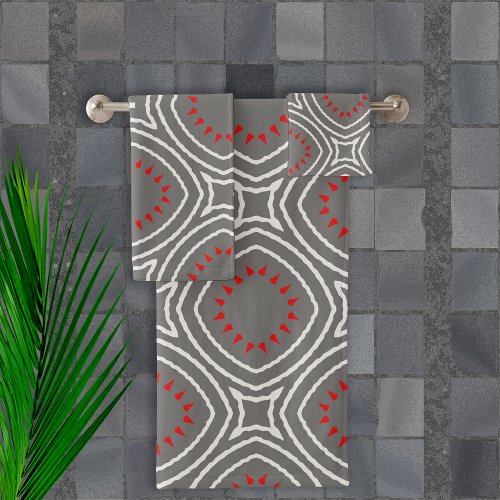 Gray White Red Ethnic Boho Chic Geometric Pattern Bath Towel Set