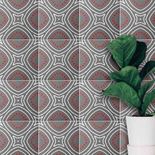 Gray White Red Ethnic Boho Chic Geometric Pattern Ceramic Tile