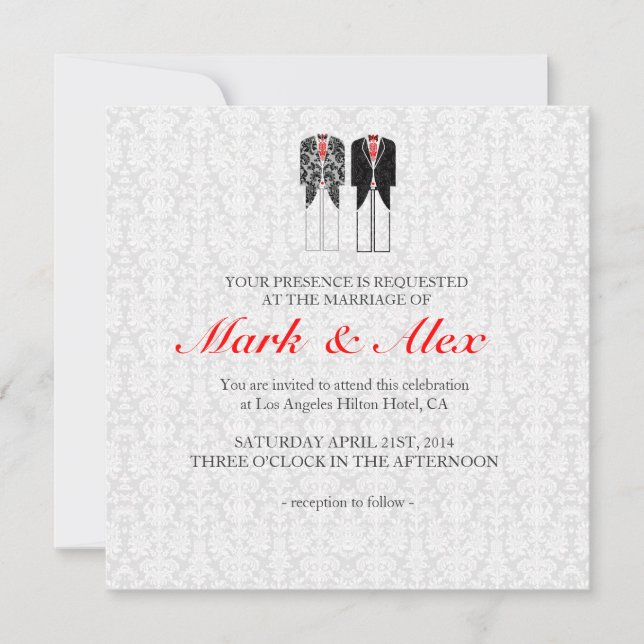 Gray White & Red Same-Sex Couples Wedding Invite (Front)