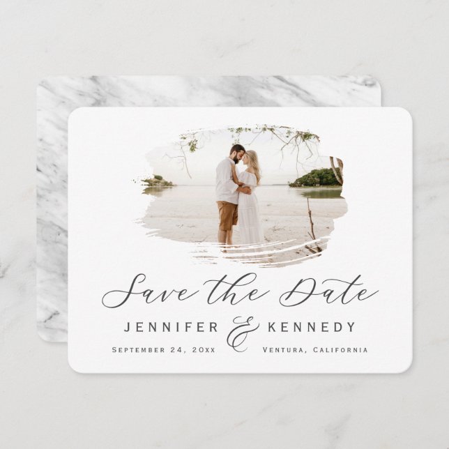 Gray & White Romantic Brushed Frame with Photo Save The Date (Front/Back)