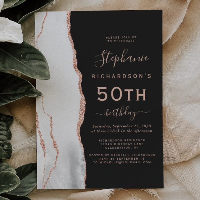 Gray White Rose Gold Agate Dark 50th Birthday Invitation (Creator Uploaded)