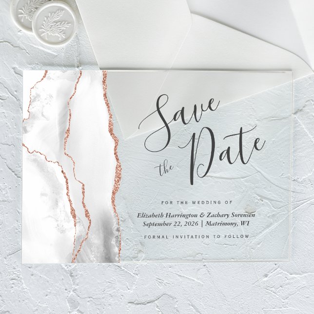 Gray White Rose Gold Agate Save the Date Card (Creator Uploaded)