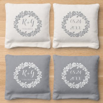 Gray White Rose Wreath And Initials Wedding Cornhole Bags by weddings_ at Zazzle