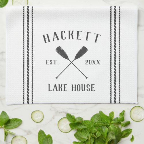 Gray  White Rustic Oars Personalized Lake House Kitchen Towel