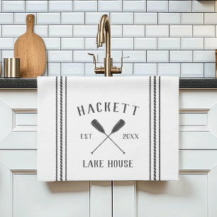 Gray & White Rustic Oars Personalized Lake House Kitchen Towel