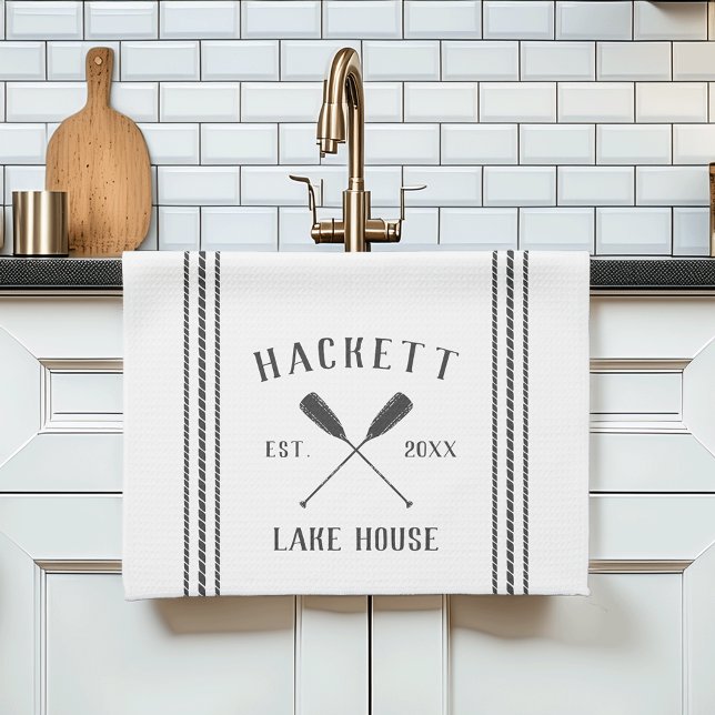Gray & White Rustic Oars Personalized Lake House Kitchen Towel (Creator Uploaded)