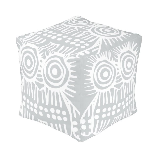 Gray White Rustic Owl Vintage Modern Pattern Pouf (Angled Front)