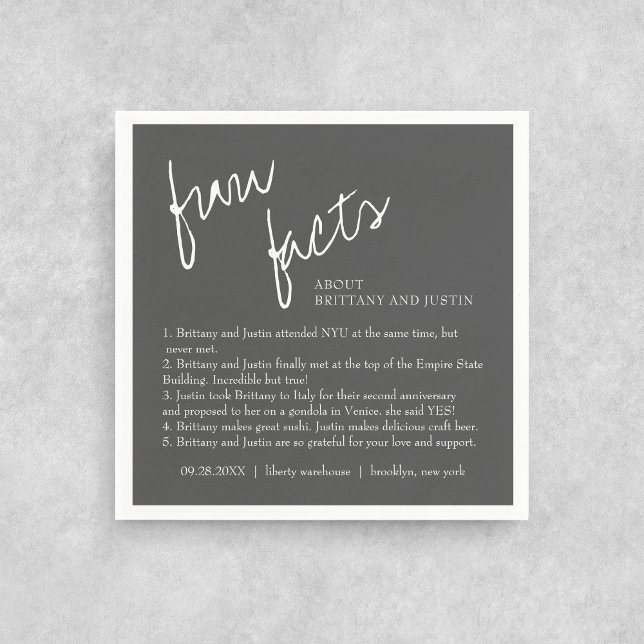 Gray White Script Fun Facts Cocktail Wedding Napkins (Creator Uploaded)