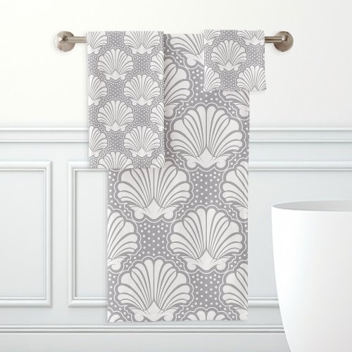 Gray &Amp;Amp; White Seashell Bath Towel Set