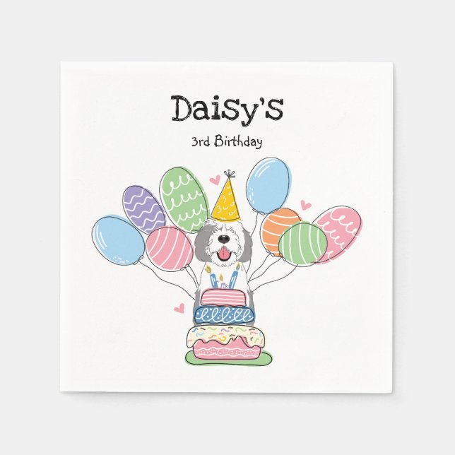 Gray & White Sheepadoodle Birthday Party Paper Napkins (Front)