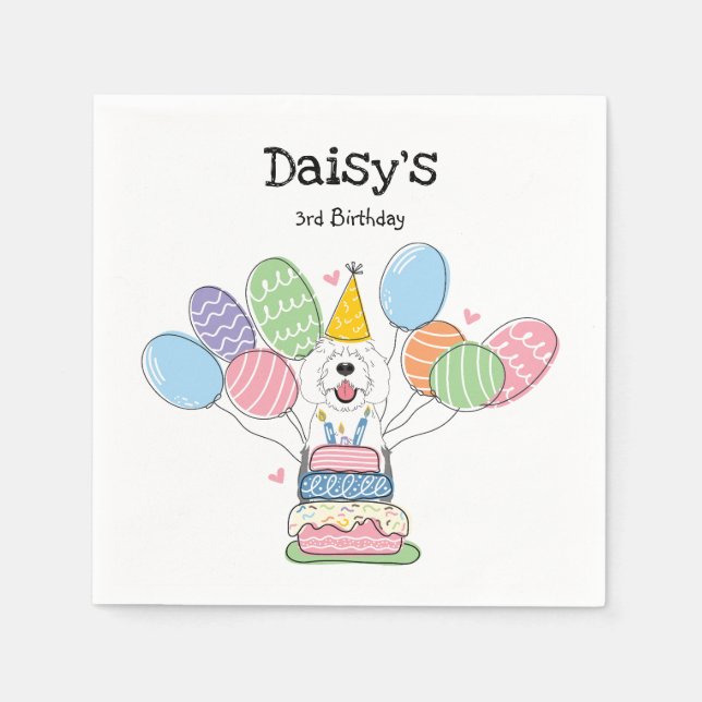 Gray & White Sheepadoodle Birthday Party Paper Napkins (Front)