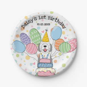 Gray & White Sheepadoodle Dog Birthday Paper Plates