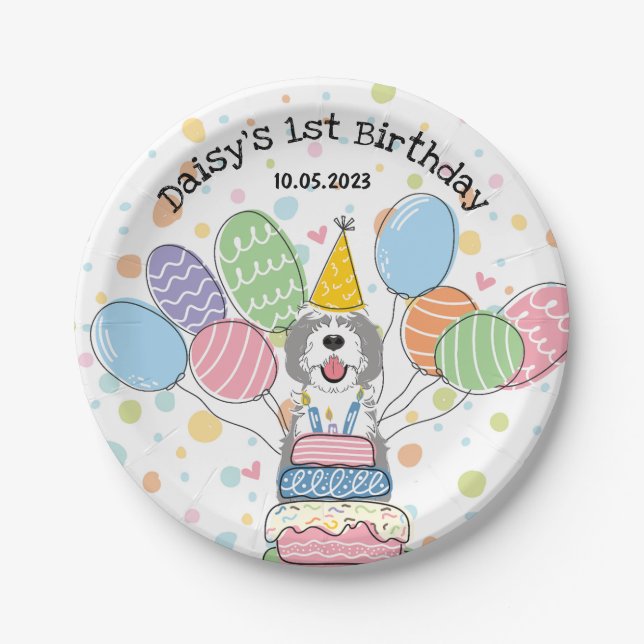 Gray & White Sheepadoodle Dog Birthday  Paper Plates (Front)