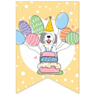 Gray & White Sheepadoodle Dog Birthday Party Bunting Flags