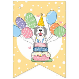 Gray &amp; White Sheepadoodle Dog Birthday Party Bunting Flags