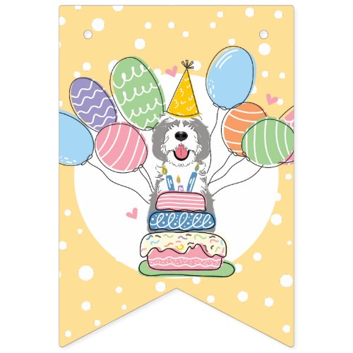 Gray  White Sheepadoodle Dog Birthday Party Bunting Flags