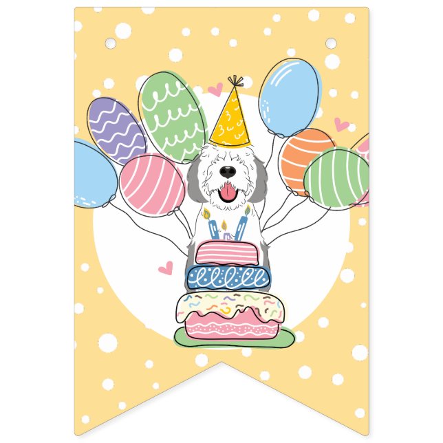 Gray & White Sheepadoodle Dog Birthday Party Bunting Flags (Seventh Flag)