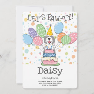 Gray & White Sheepadoodle Dog Birthday Party Invitation