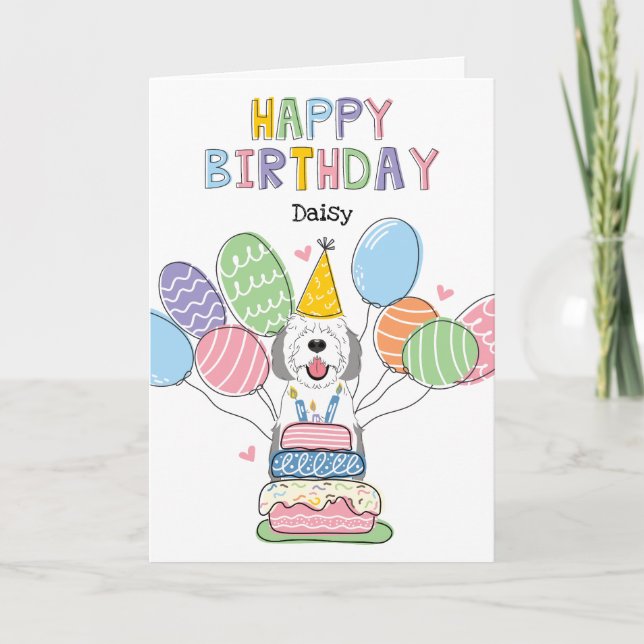 Gray & White Sheepadoodle Dog Happy Birthday Card (Front)