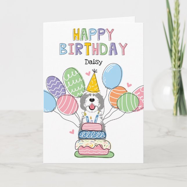 Gray & White Sheepadoodle Dog Happy Birthday Card (Front)