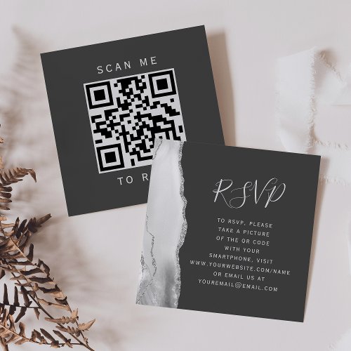 Gray White Silver Agate Dark Wedding QR Code RSVP Enclosure Card