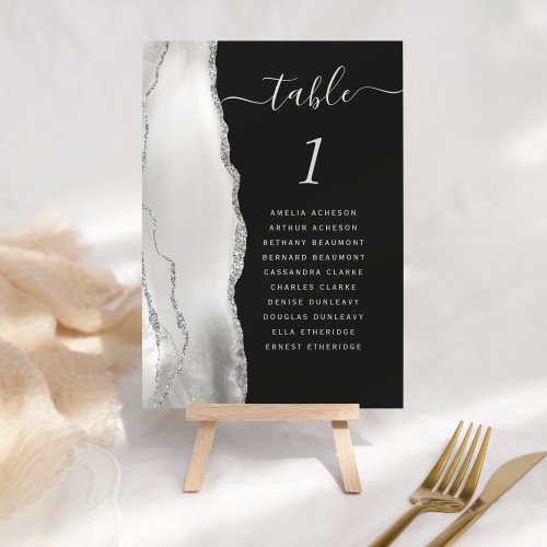 Gray White Silver Agate Dark Wedding Table Number