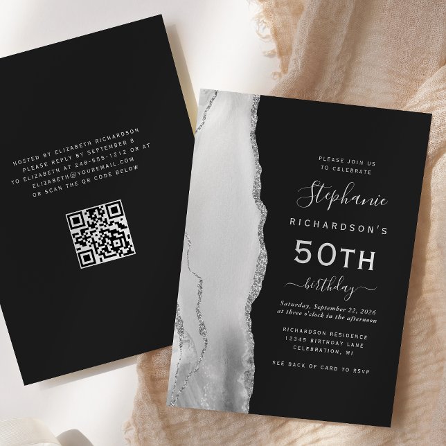 Gray White Silver Agate QR Code 50th Birthday Invitation (Creator Uploaded)