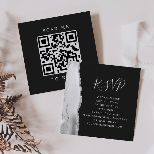 Gray White Silver Agate Slate Wedding QR Code RSVP Enclosure Card