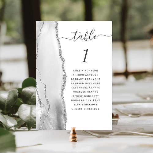 Gray White Silver Agate Wedding Table Number