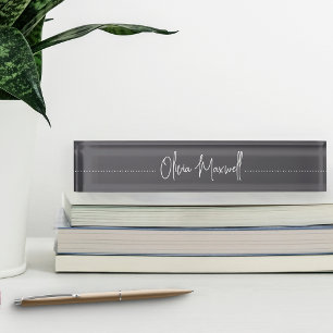 Gray & White Sketched Cursive Script Desk Name Plate