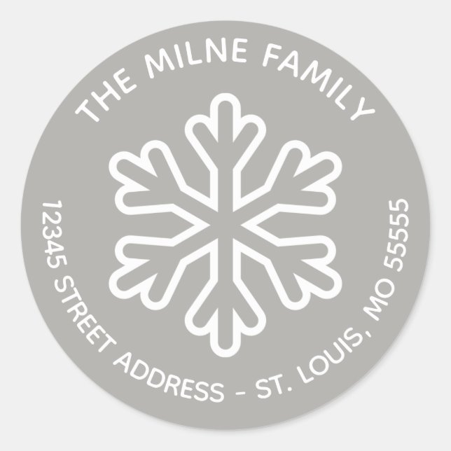 Gray & White Snowflake - Circle Return Address Classic Round Sticker (Front)