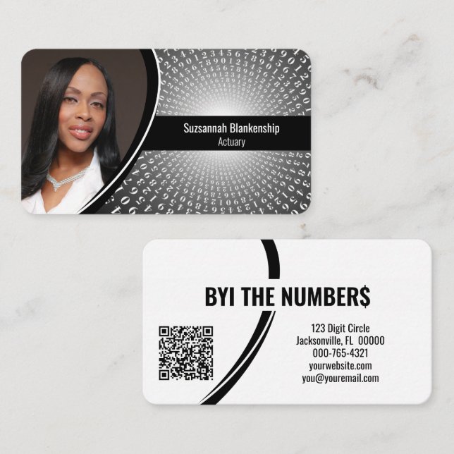 Gray White Spiral Numbers Custom Photo QR Code Business Card (Front/Back)