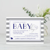 Gray & White Stripe Baby Boy Navy Blue Baby Shower Invitation (Standing Front)