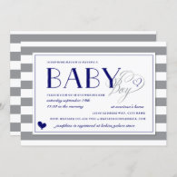 Gray & White Stripe Baby Boy Navy Blue Baby Shower Invitation