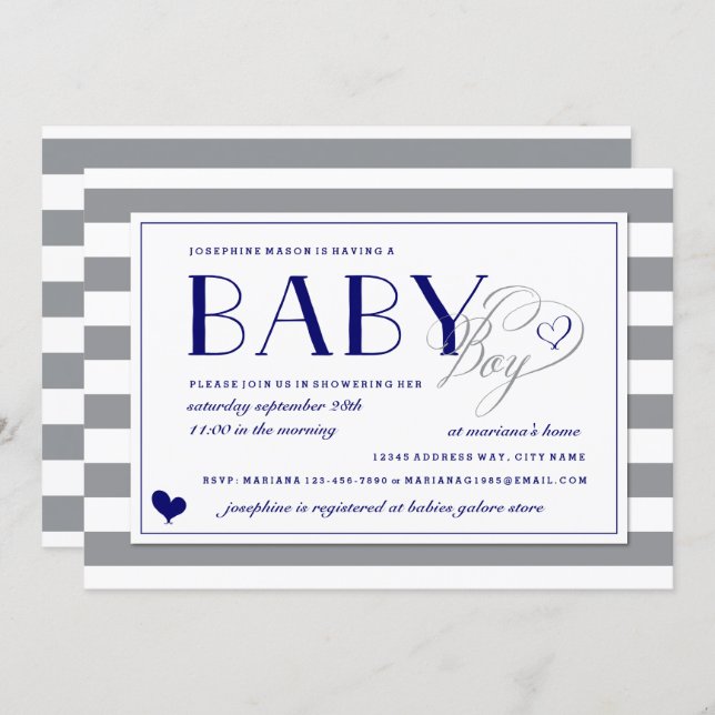 Gray & White Stripe Baby Boy Navy Blue Baby Shower Invitation (Front/Back)