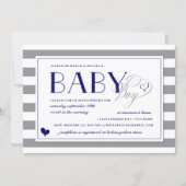 Gray & White Stripe Baby Boy Navy Blue Baby Shower Invitation (Front)