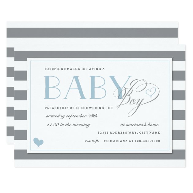 Gray & White Stripe Baby Boy Shower Blue Accents Invitation