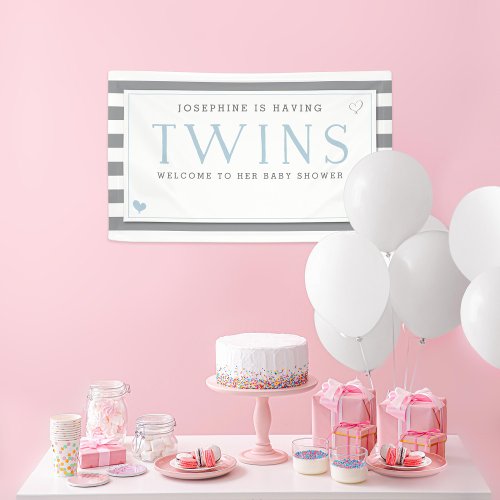 Gray White Stripe Blue Twins Baby Shower Welcome Banner